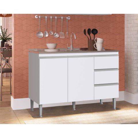 Balcão de Pia Cozinha 120 cm Athena 2 Portas 3 Gavetas MDP 15mm Branco - Irm