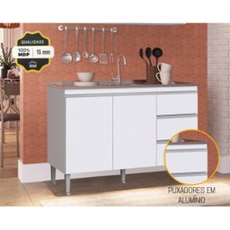 Balcão de Pia Cozinha 120 Cm ATHENA 2 Portas 3 Gavetas MDP 15mm Branco - Megasul - 3