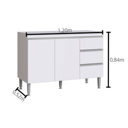 Balcão de Pia Cozinha 120 Cm ATHENA 2 Portas 3 Gavetas MDP 15mm Branco - Megasul - 4
