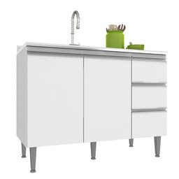 Balcão de Pia Cozinha 120 Cm ATHENA 2 Portas 3 Gavetas MDP 15mm Branco - Megasul - 1