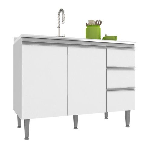 Balcão de Pia Cozinha 120 Cm ATHENA 2 Portas 3 Gavetas MDP 15mm Branco - Megasul