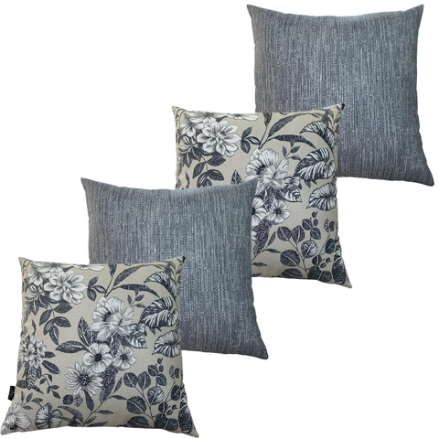 Kit 4 Almofadas Cheias Waterhavana Impermeável Área Externa Flor Branca Folhas Pretas 43CMX43CM