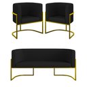 Ver imagem 1 de Kit 2 Poltronas + Sofá 2 Lugares Base de Metal Gold Corino Preto