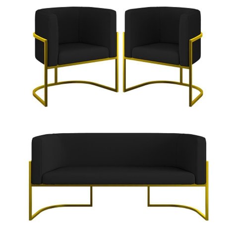 Kit 2 Poltronas + Sofá 2 Lugares Base de Metal Gold Corino Preto