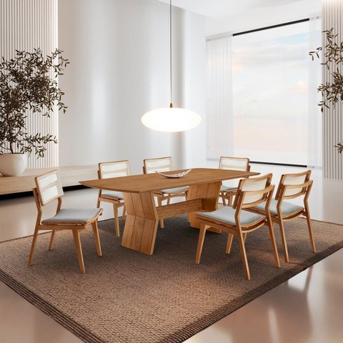 Conjunto de Mesa Jantar Raiz Tampo 180cm Barril Laminado e 6 Cadeiras Eloá Premium Natural Quartzo/Imbuia Natural/Cinamomo Marrom