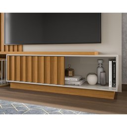 Painel Para TV Sala Quarto 65 Polegadas Rack Home MDF Ripado Marrom Nature Branco Off White 220cm - 2