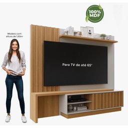 Painel Para TV Sala Quarto 65 Polegadas Rack Home MDF Ripado Marrom Nature Branco Off White 220cm - 4
