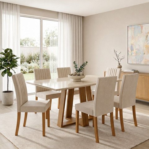 Conjunto Sala de Jantar Mesa Lisa 160cm Tampo de Vidro Canto Reto 6 Cadeiras Lily