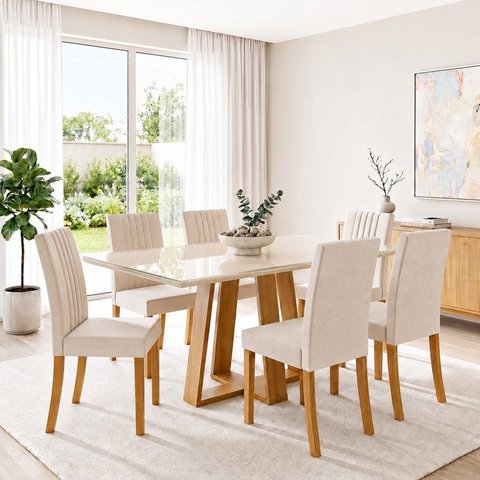 Conjunto Sala de Jantar Mesa Lisa 160cm Tampo de Vidro Canto Reto 6 Cadeiras Lily
