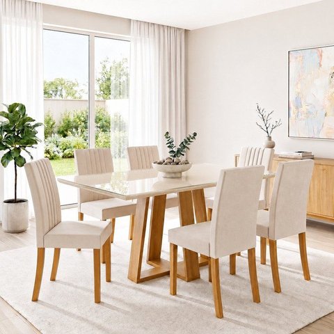Conjunto Sala de Jantar Mesa Lisa 160cm Tampo de Vidro Canto Reto 6 Cadeiras Lily