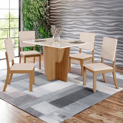 Mesa de Jantar 4 Lugares Antonella com Vidro Nature/off White/linho - Panorama Móveis