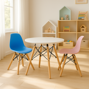 Conjunto Infantil Mesa Eames Branca 60cm com 1 Cadeira Azul Claro e 1 Cadeira Rosa