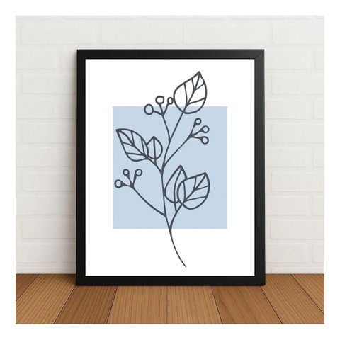 Quadro Floral Minimalista em Azul c/ Moldura e Vidro