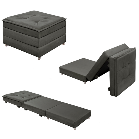 Puff Cinza Organizador Dobrável que Vira Colchão Cama Solteiro para Visitas Descanso