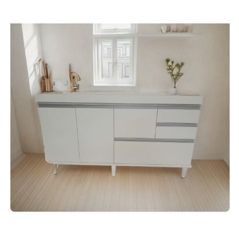 Gabinete para Pia de Cozinha de 150cm com 2 Gavetas e 1 Gavetão Branco Fosco Mdf15mm