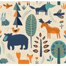 Papel de Parede com animais da floresta desenhados à mão, árvores, flores e plantas - 1