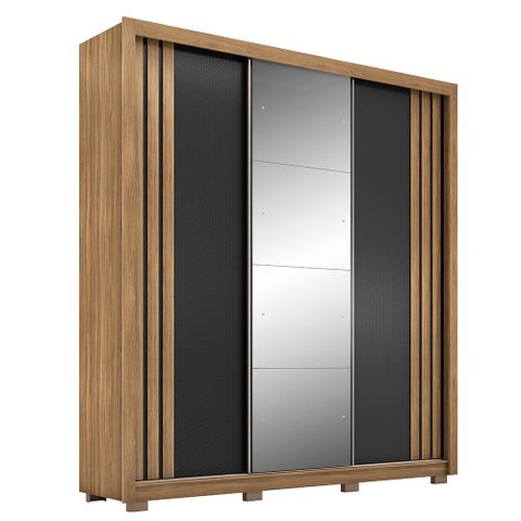 Guarda Roupa Casal Moema 3 Portas Flex Amêndola/preto Prime com Espelho e Pés - Demóbile