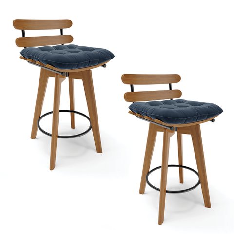 Kit 02 Banquetas Giratória Costela Suede Base Madeira MA70 - D’Rossi - Azul Marinho