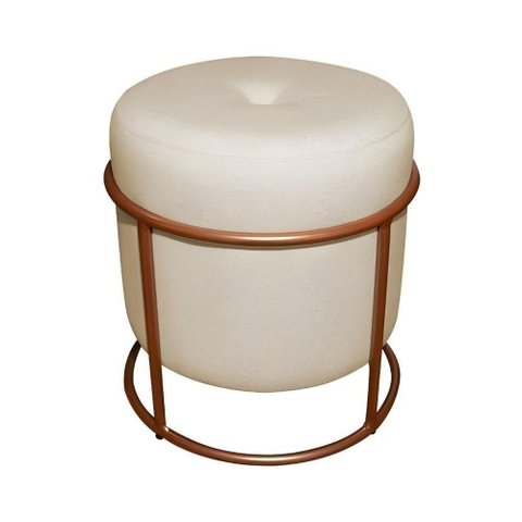 Puff de Ferro Decorativo Redondo para Sala Argola Glamour Bege Base Pés Bronze Tecido Linho