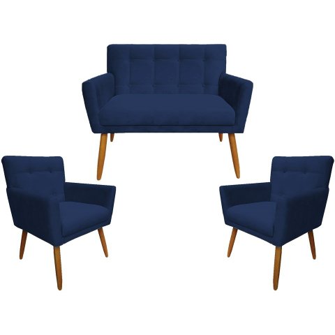 Kit Namoradeira + 2 Poltronas Decorativa Onix Suede Azul Marinho Pés Madeira Mz Decor