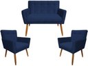 Ver imagem 1 de Kit Namoradeira + 2 Poltronas Decorativa Onix Suede Azul Marinho Pés Madeira Mz Decor