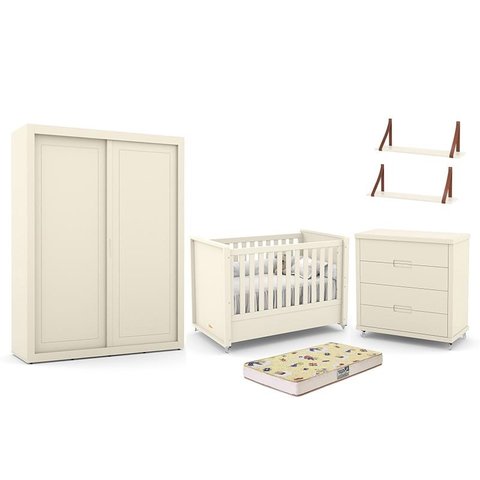 Dormitório Tutto New 2 Portas, Cômoda, Berço Off White com Colchão D18 e Prateleiras - Matic Móveis