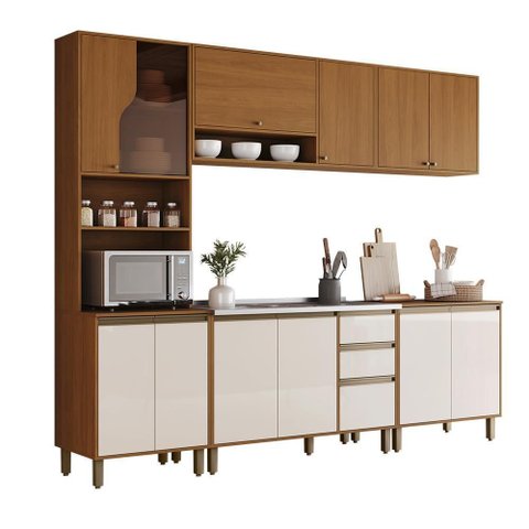 Cozinha Venaly 5 Peças com Balcão Pia e Torre Quente 1 Forno Cinamomo/off White - Móveis Henn