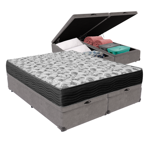 Cama Box Baú Bipartido Casal Cinza e Colchão Iso 100 D33 Ortobom