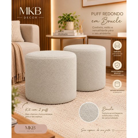 Kit com 2 Mini Puff Redindo em Tecido Bouclé Bege
