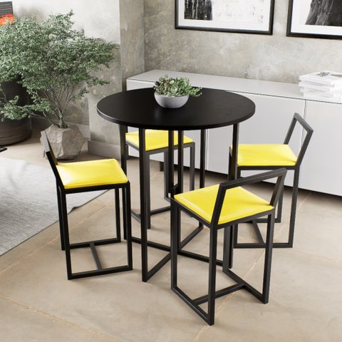 Conjunto Mesa Redonda Preta 4 Cadeiras Pequena Estofado Industrial Black