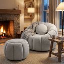 Ver imagem 1 de Poltrona Decorativa Sala Estar Quarto Concha C/puff Orgânica Boucle Cinza Claro - Vimont Moveis