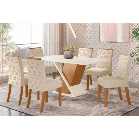 Conjunto Mesa Sala Jantar Solus Tampo Madeirado com Vidro Canto Reto 160x90cm e 6 Cadeiras Vita