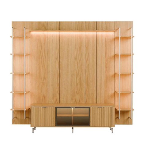 Rack com Painel para TV até 85" 11 Prateleiras e LED Neon Float 254cm – Carvalho c/ Champanhe