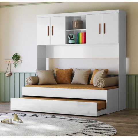 Jogo de Quarto Modulado Aéreo Ponte e Bicama Solteiro Ônix Flex Nature Branco - Peternella