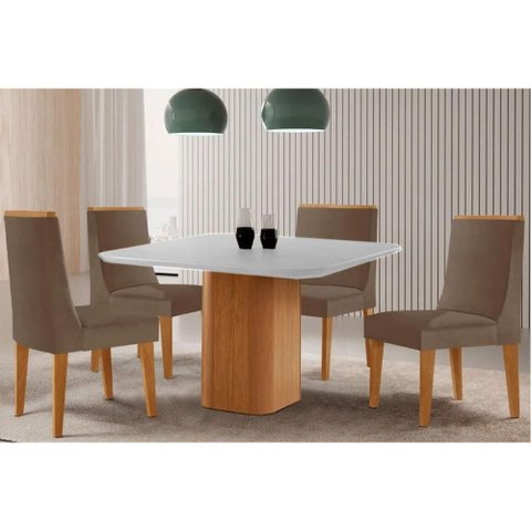 Sala Jantar Mesa Maldivas Tampo C/ Vidro Curvo 90cm+4 Cadeiras Dakota Madeira Naturale/off White -