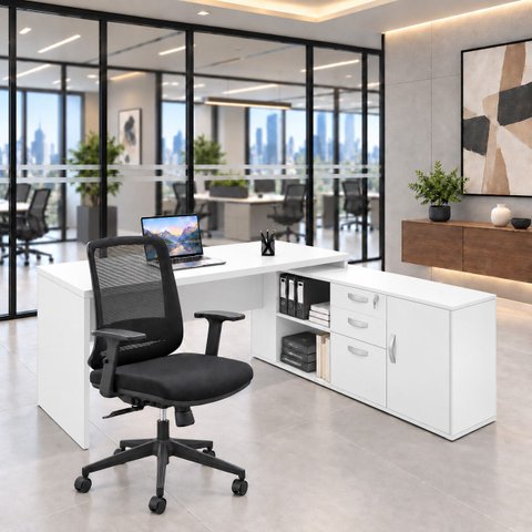 Conjunto Mesa Pedestal Presidente em L + Cadeira de Escritório Ergonômica Armário Lateral 3 Gavetas