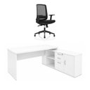 Ver imagem 2 de Conjunto Mesa Pedestal Presidente em L + Cadeira de Escritório Ergonômica Armário Lateral 3 Gavetas