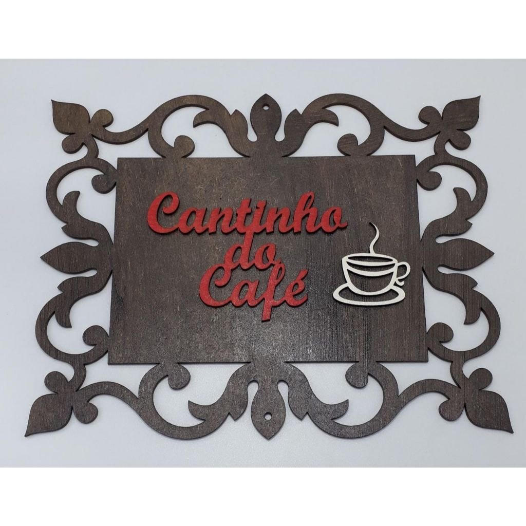 Cantinho do Café Quadro Placa Plaquinha Decoração Moderna Madeira Mdf: Marrom Escuro Letra Vermelha - 1