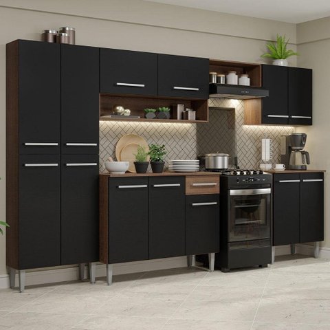 Armário De Cozinha Com Balcão E Paneleiro Rustic/Preto