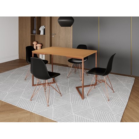 Mesa Industrial Base Ferro Cobre em V Tampo 137x90 Canela 4 Cadeiras Eames Assento Preto Ferro Cobre