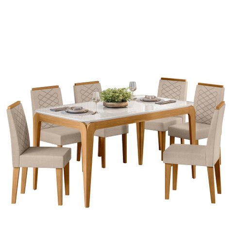 Conjunto Mesa Jantar Retangular Aurea Tampo Vidro 6 Cadeiras:off White / Ypê