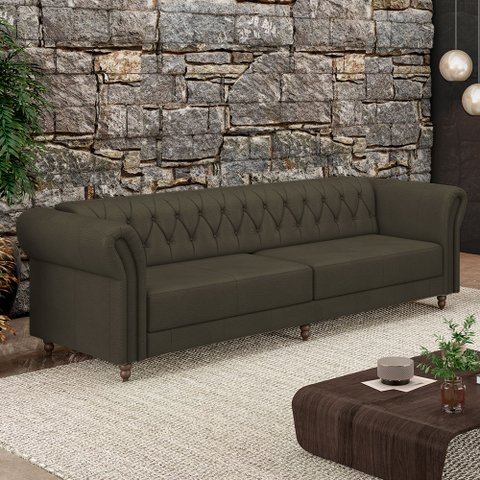 Sofá Living Sala de Estar Stanford Chesterfield 3 Lugares 240cm Pés de Madeira Couro Capuccino G58 -