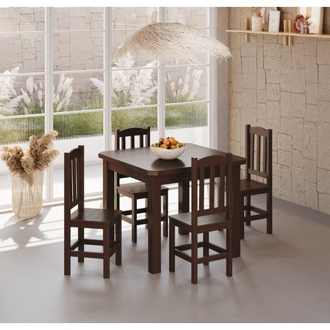 Conjunto Mesa Castanho De Madeira Maciça 88x88 + 4 Cadeiras Madeira Para Cozinha Sala De Jantar  Sfa