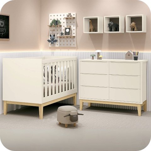 Quarto de Bebê Berço + Cômoda 6 Gvts Classic Pés em Madeira Natural Areia