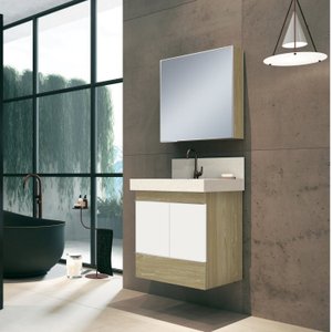 Conjunto para Banheiro com Espelheira, Gabinete, Lavatório em Porcelanato com Cuba Esculpida 60cm Bu