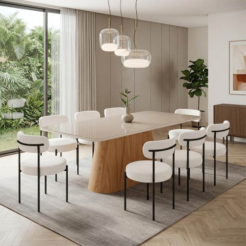 Mesa Jantar Vidro 200cm Off Kit 8 Cadeiras Aço Preto Boucle Ted H02 - D'Rossi