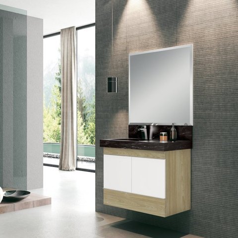 Conjunto para Banheiro com Espelho, Gabinete, Lavatório em Porcelanato com Cuba Esculpida 80cm 