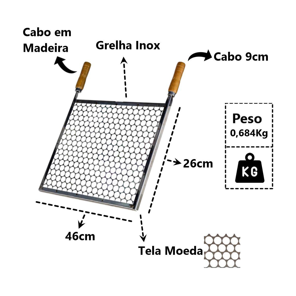 Grelha Retangular Inox Tela Moeda Para Churrasqueira 46x26cm Brassol - 2