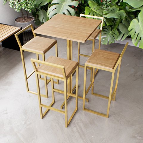 Jogo Mesa Alta Bistrô Quadrada 4 Banquetas Pinus Confort Industrial Dourado Don Castro Decor Industr