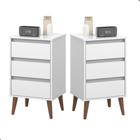 Kit Mesa de Cabeceira Pés Retrô 3 Gavetas Wood - Ej Móveis Branco
